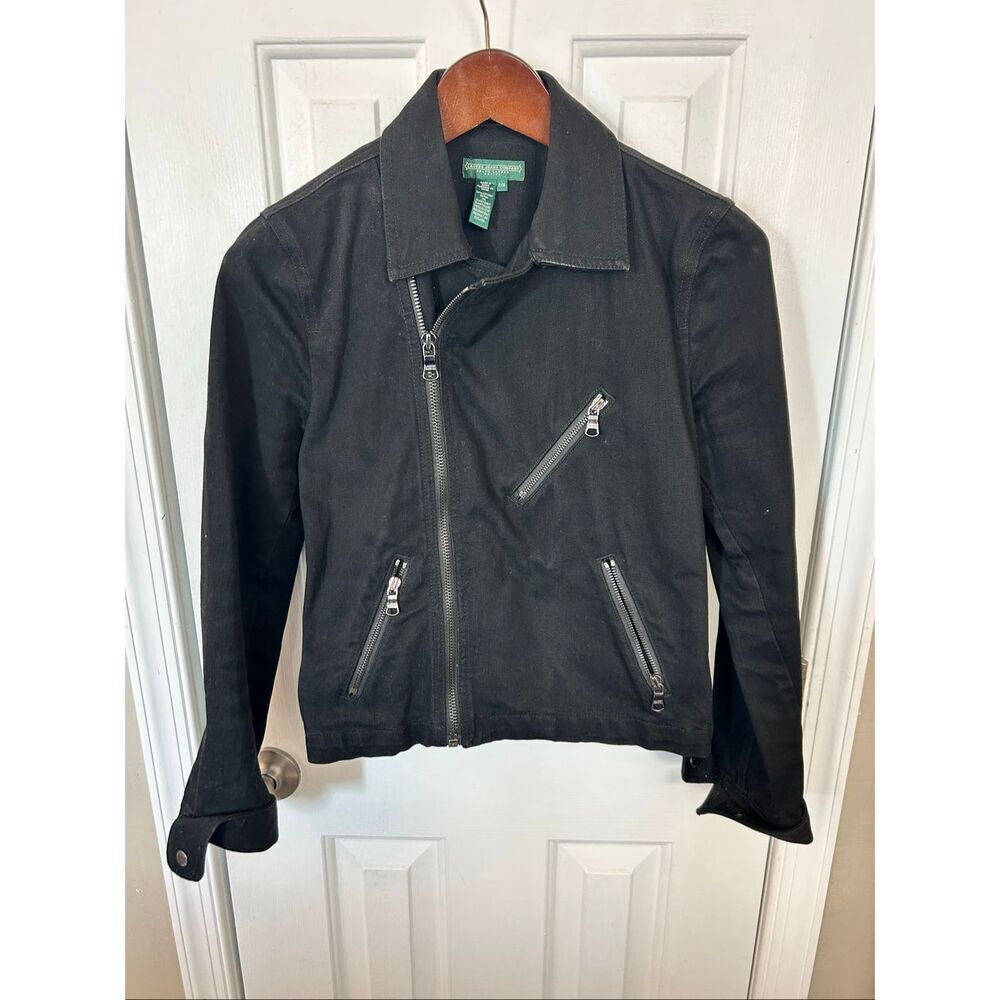 Lauren Jean company black moto style Jean jacket size P Medium with zippers & st